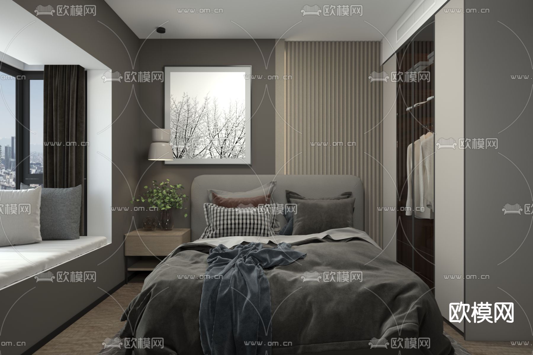 高级灰卧室 次卧免费3d模型下载