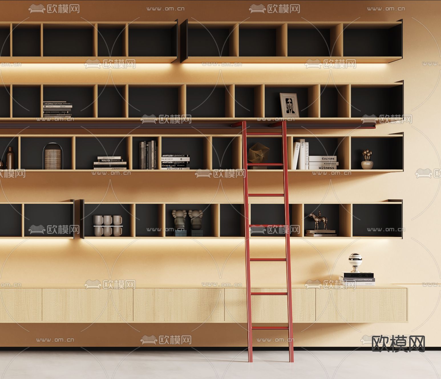 现代书柜 吊柜 壁挂书架3d模型下载（渲染图2）