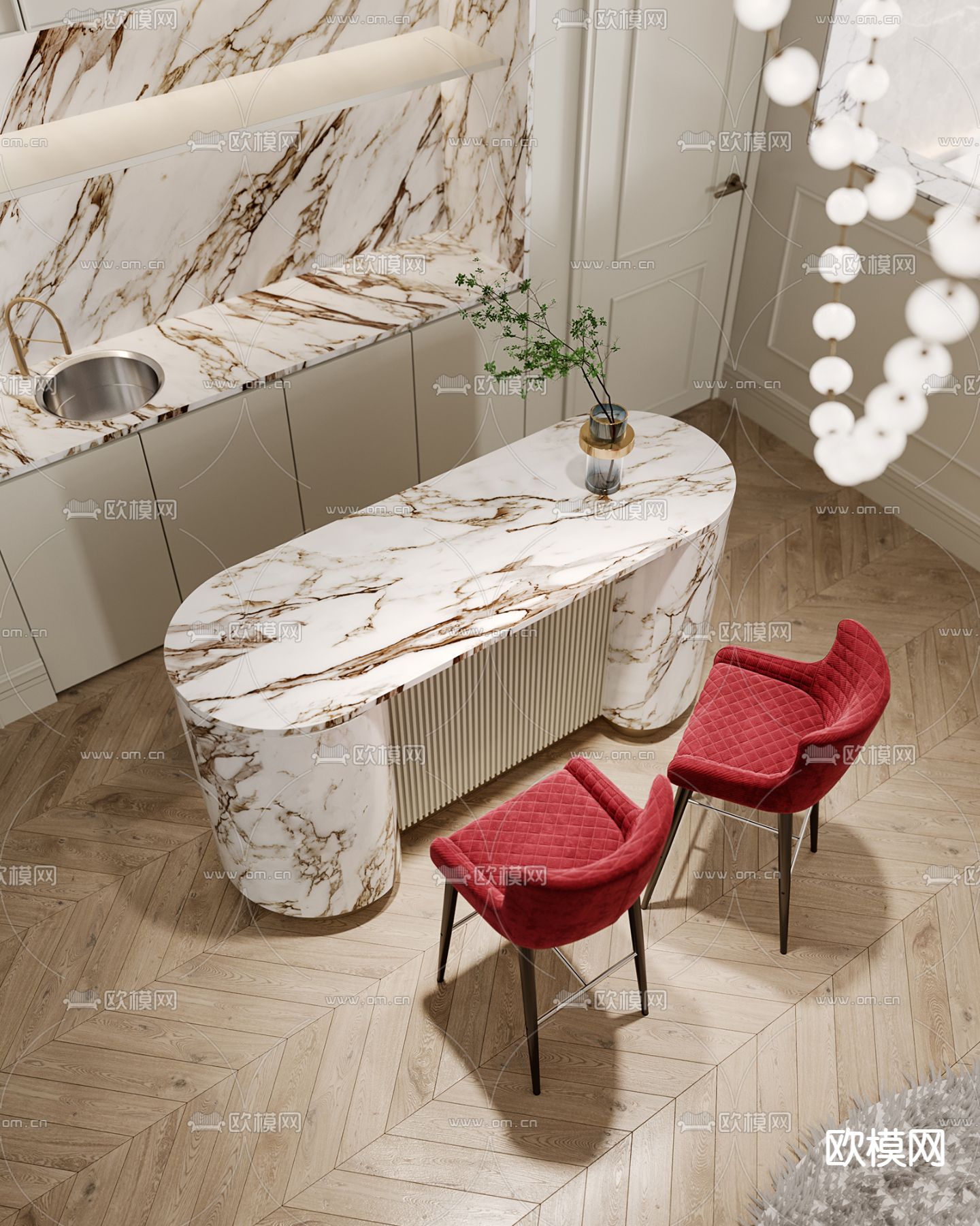 法式吧台 中岛台 吧椅3d模型下载（渲染图3）