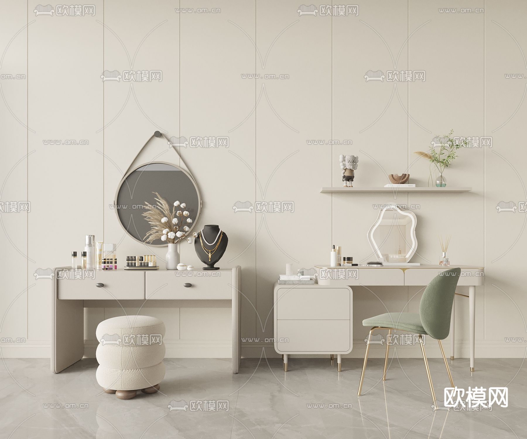 奶油风梳妆台 化妆桌3d模型下载