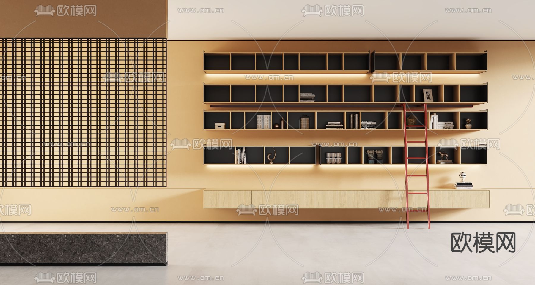 现代书柜 吊柜 壁挂书架3d模型下载（渲染图1）