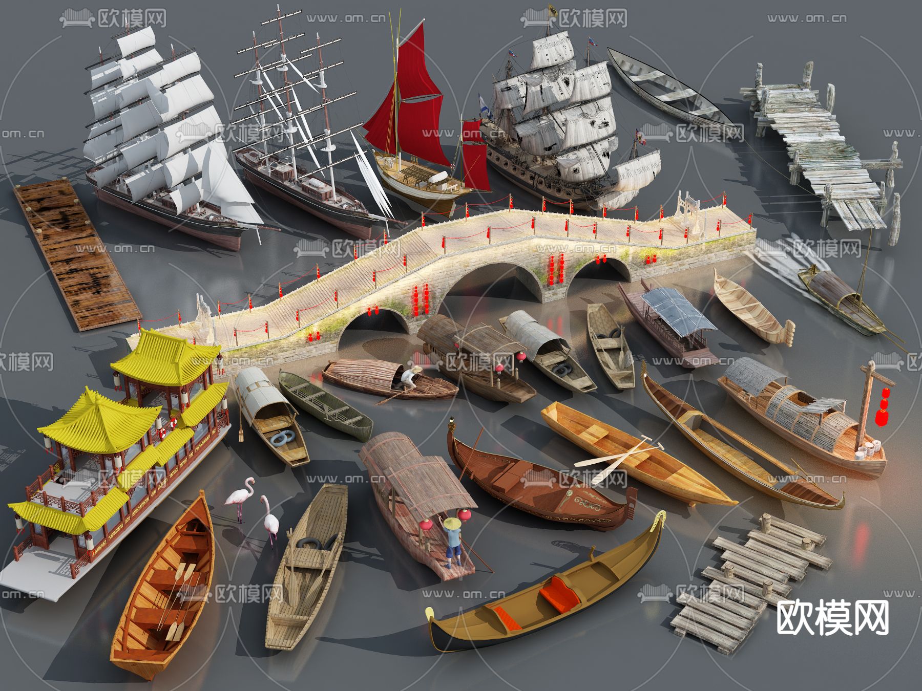 新中式木船 帆船 游船 渔船 客船3d模型下载