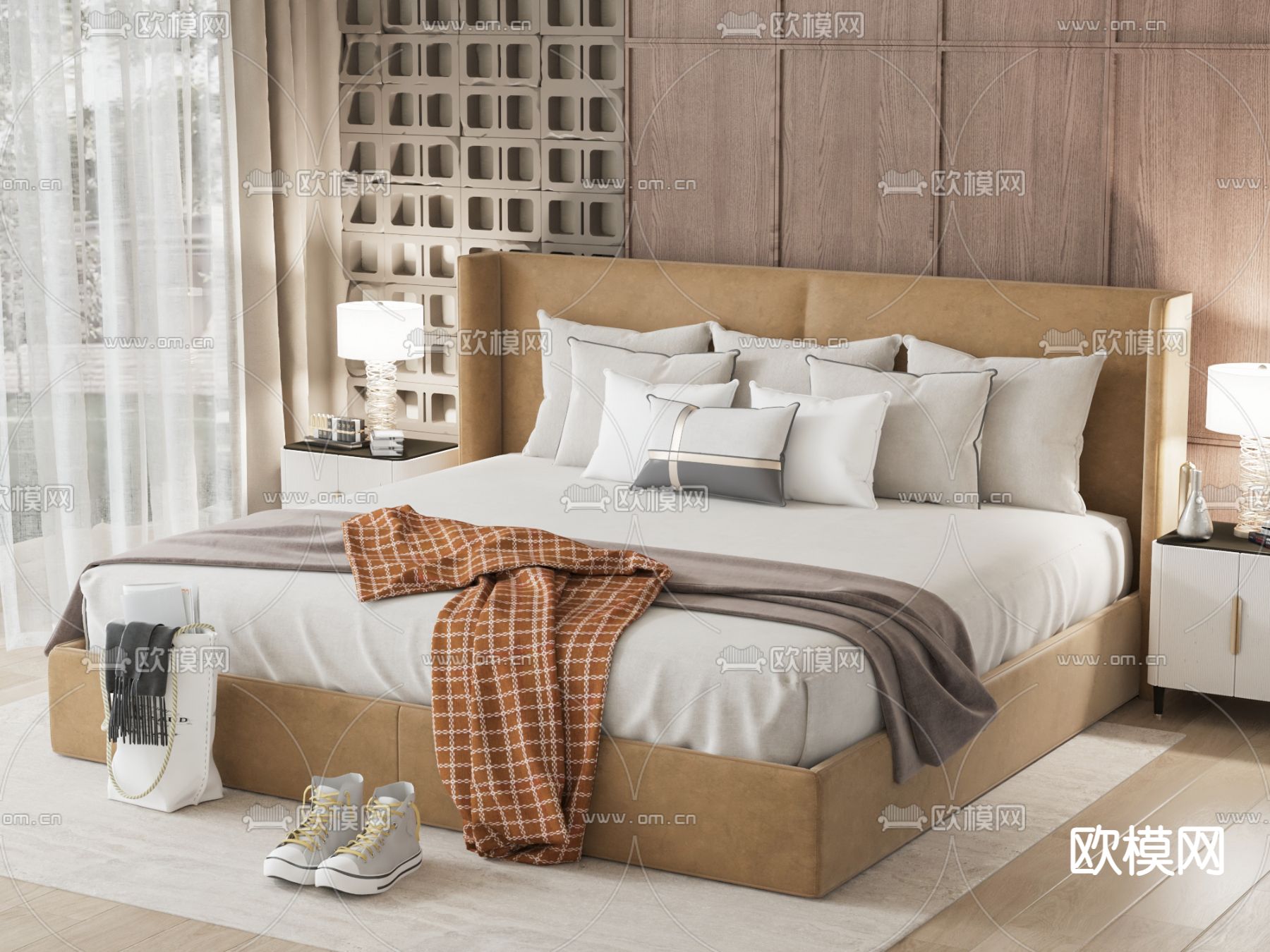 现代双人床su模型下载（渲染图2）