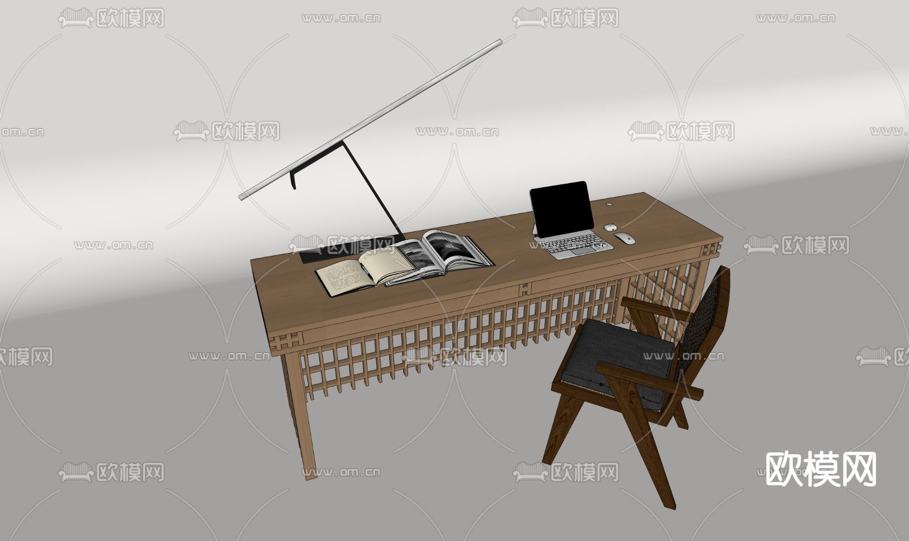 侘寂实木书桌椅su模型下载（渲染图1）