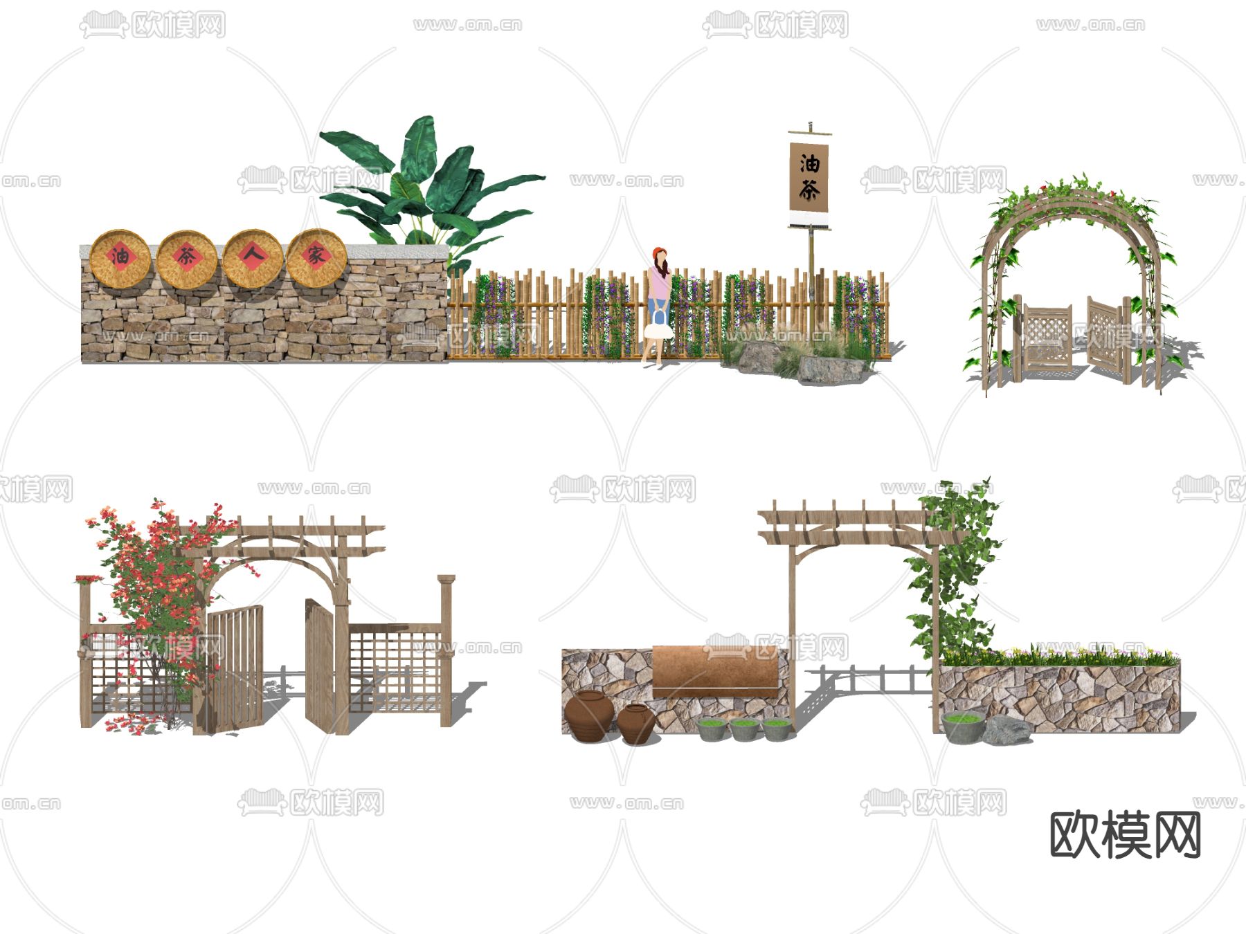 民宿院门 木栅栏 木格栅 攀爬植物 庭院门su模型下载