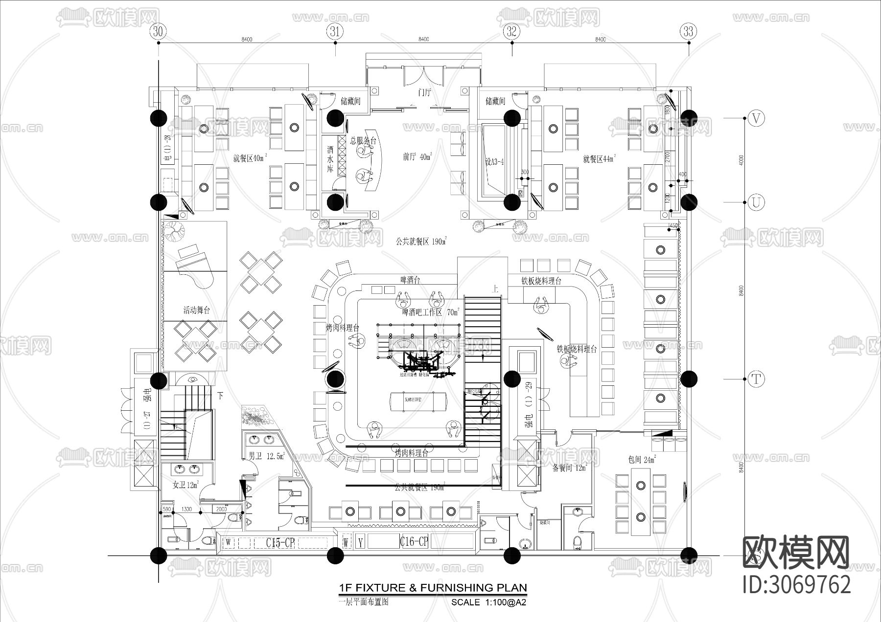 1000㎡两层铁板烧日料餐厅cad平面图下载（渲染图1）
