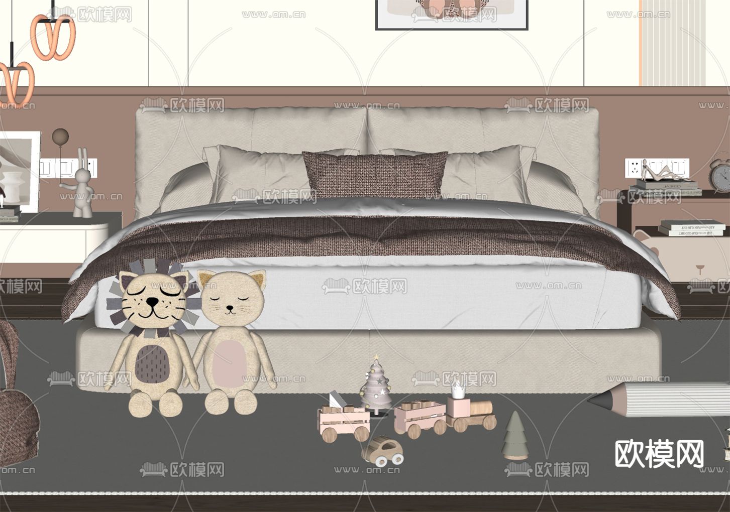 现代双人床 儿童床su模型下载（渲染图2）