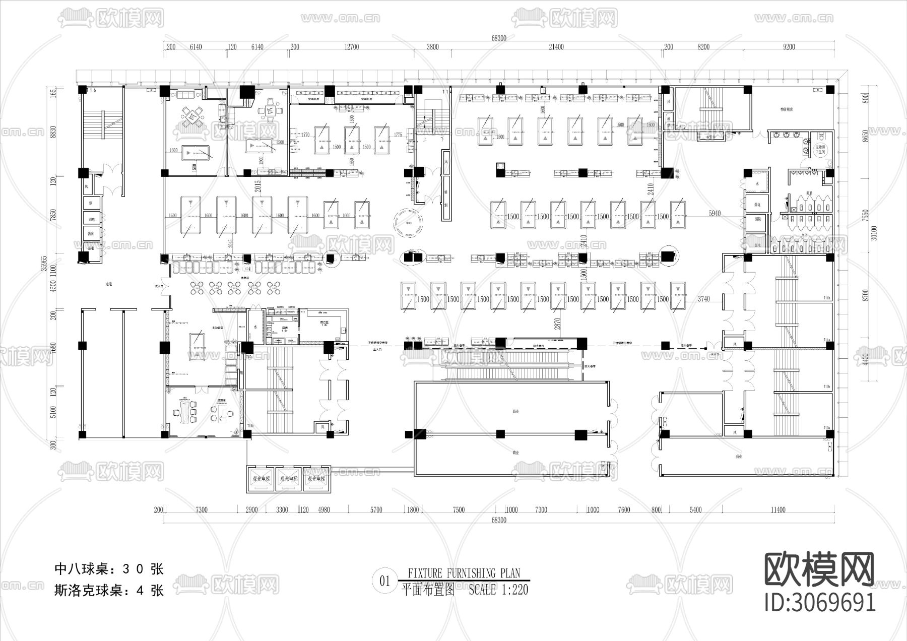 1400㎡台球馆cad平面图下载（渲染图2）
