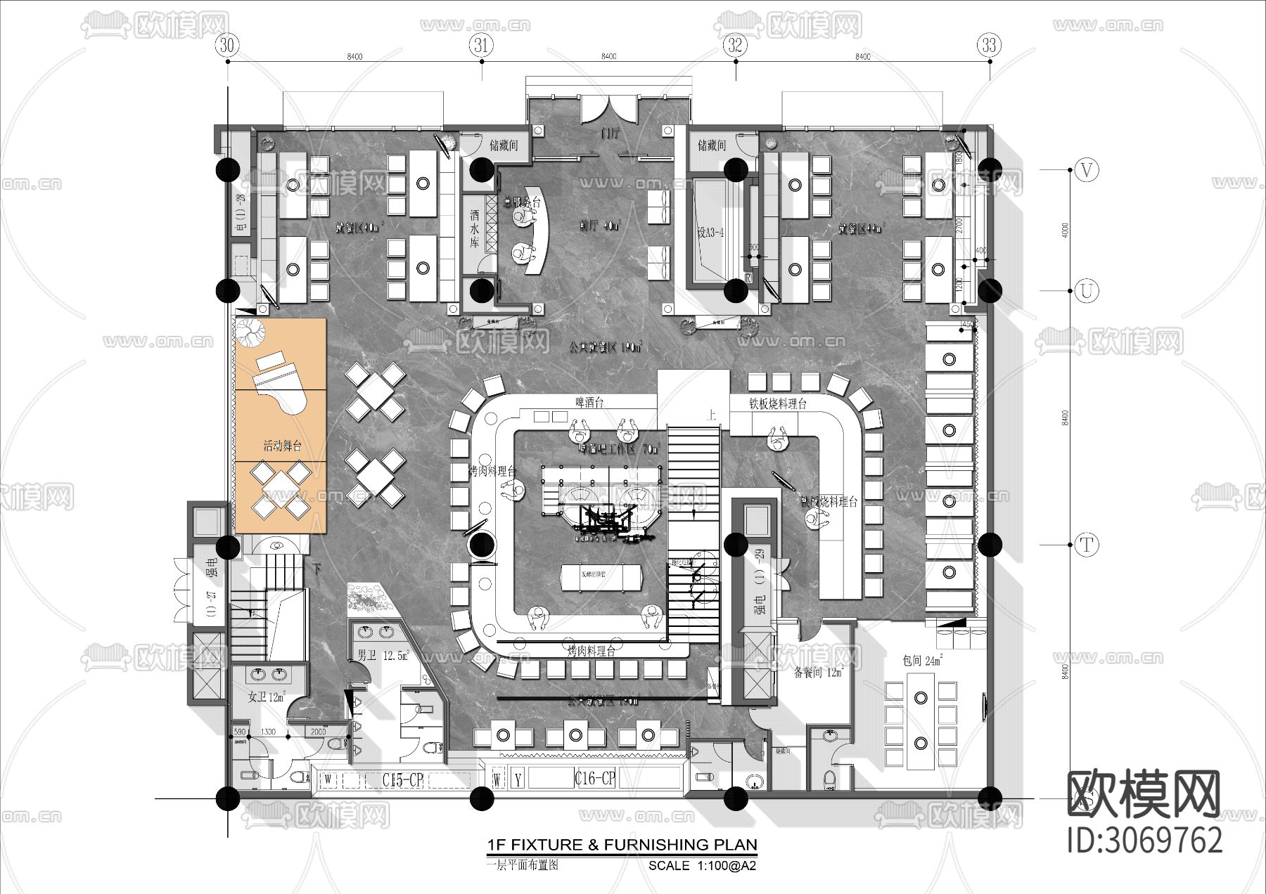 1000㎡两层铁板烧日料餐厅cad平面图下载（渲染图3）