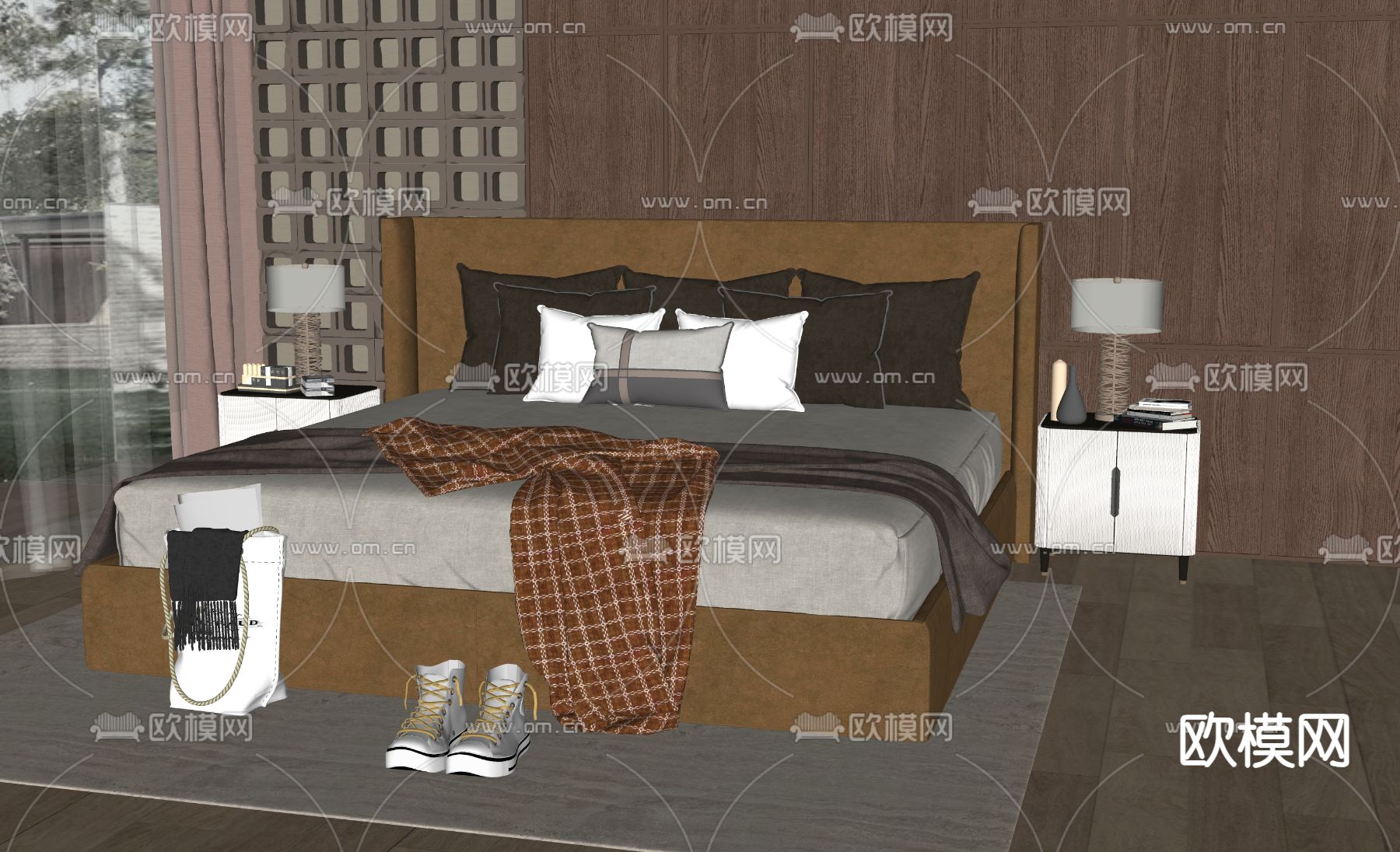 现代双人床su模型下载（渲染图1）