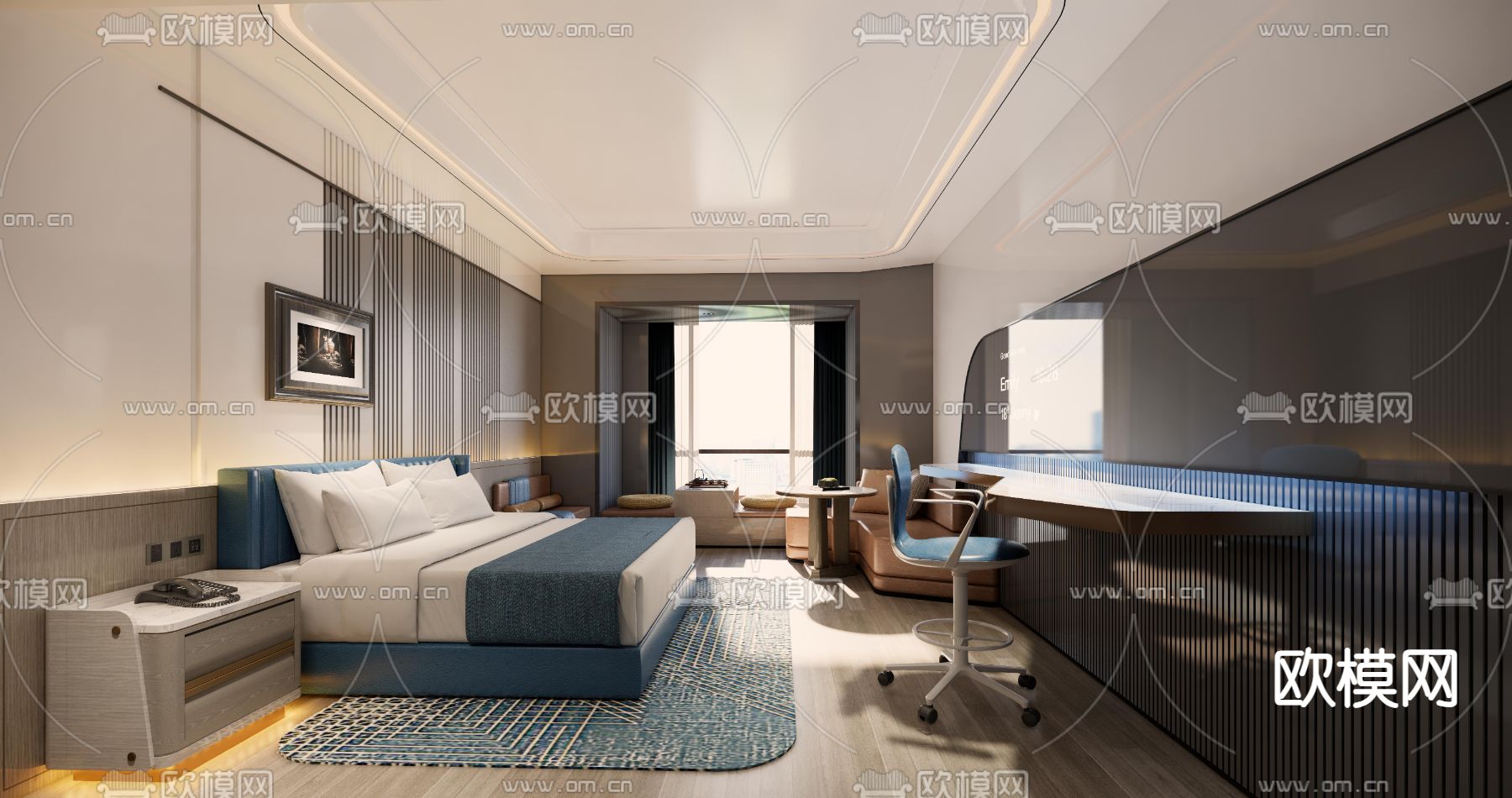 现代酒店客房 大床房su模型下载（渲染图1）