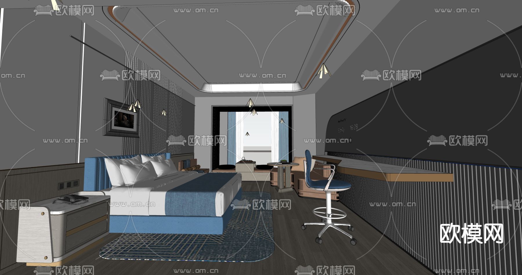 现代酒店客房 大床房su模型下载（渲染图4）