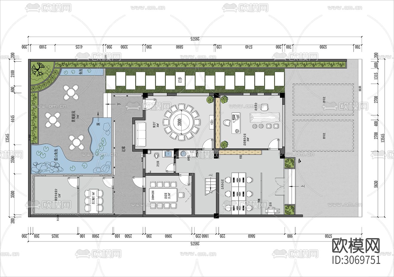 580㎡办公会所cad平面图下载（渲染图1）