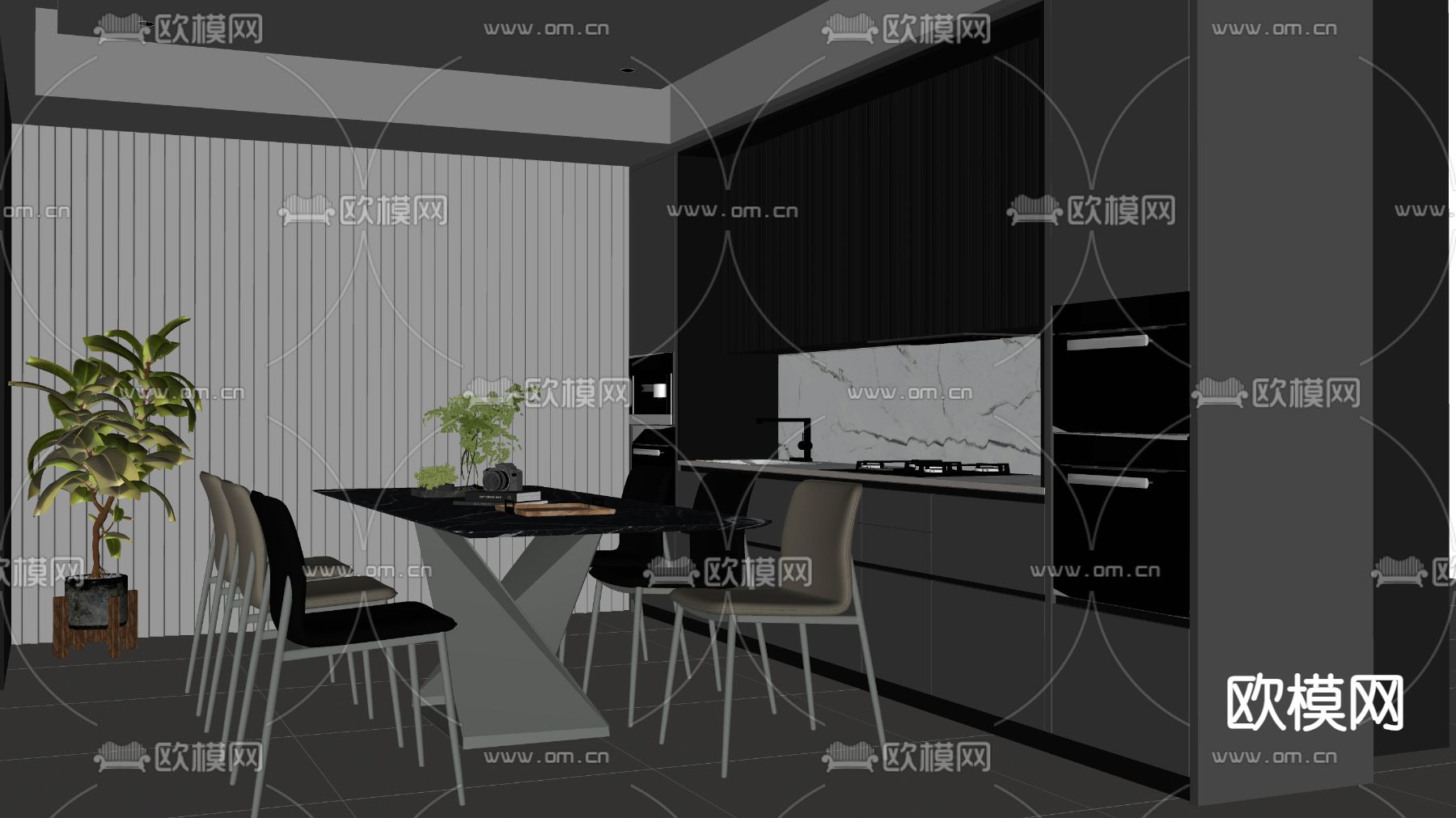 高级灰餐厅su模型下载（渲染图1）