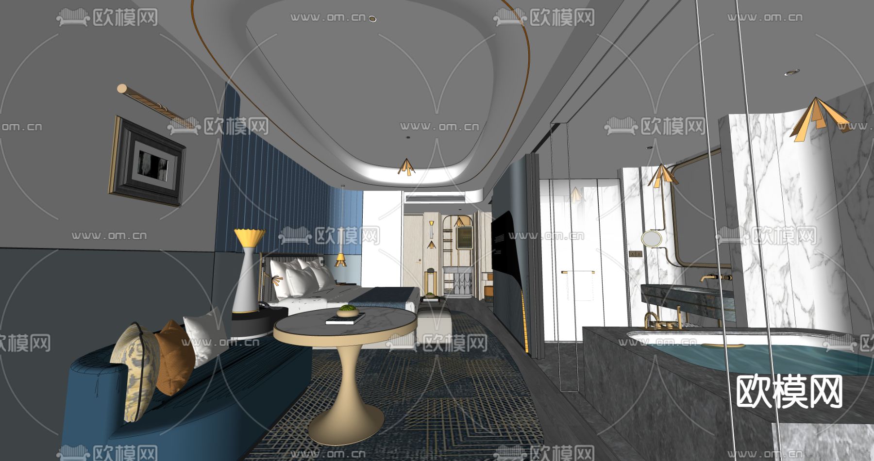 现代酒店客房 大床房su模型下载（渲染图2）