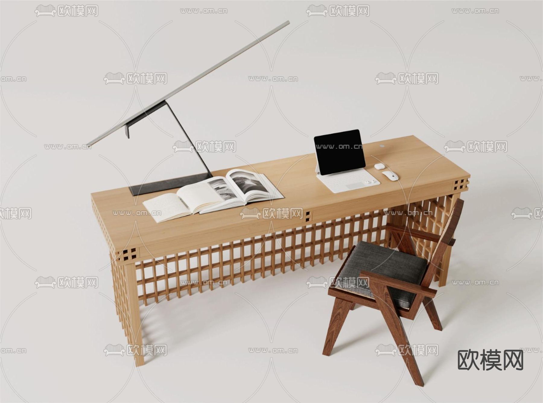 侘寂实木书桌椅su模型下载（渲染图2）