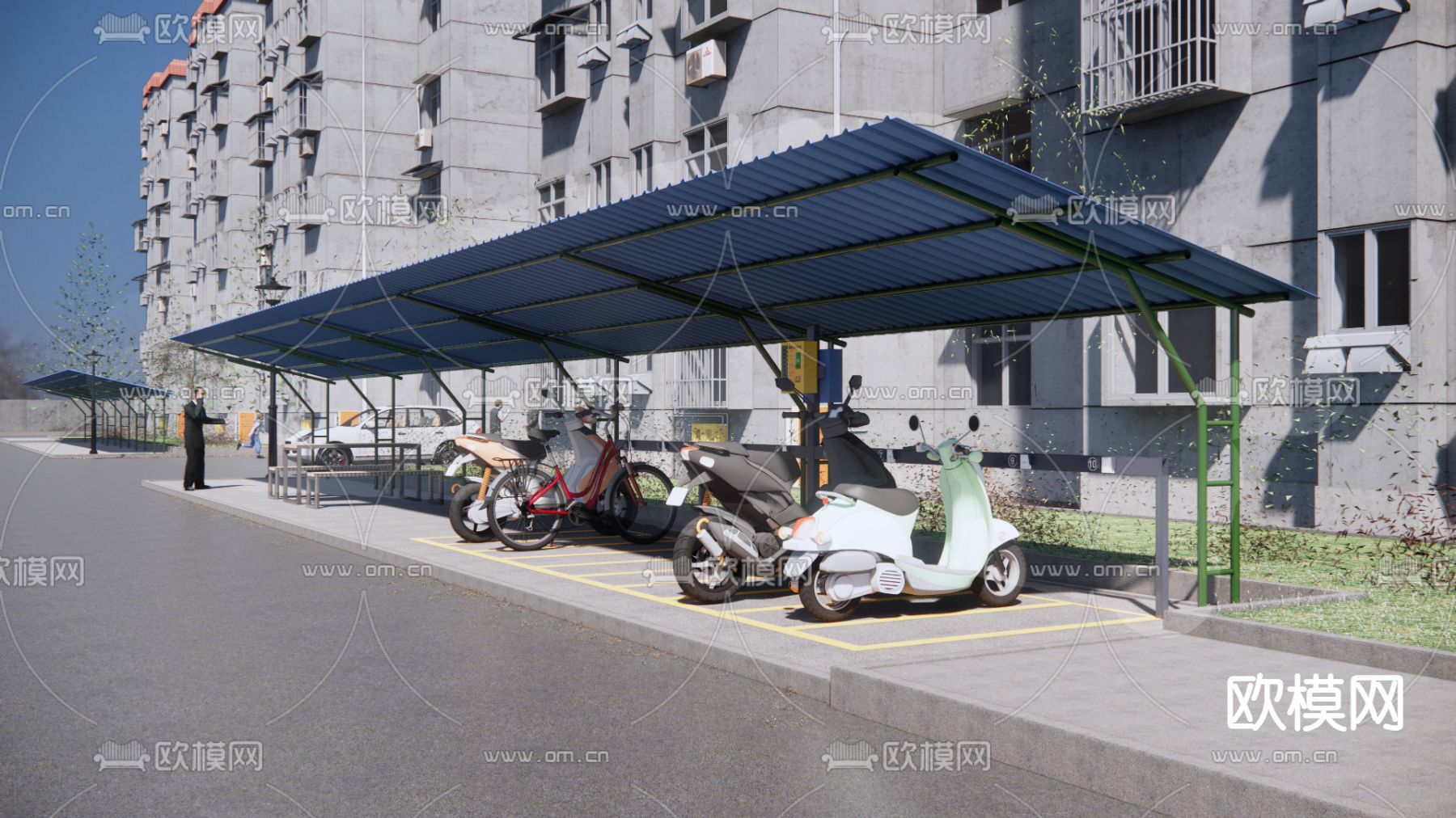 小区非机动车停车棚su模型下载（渲染图1）
