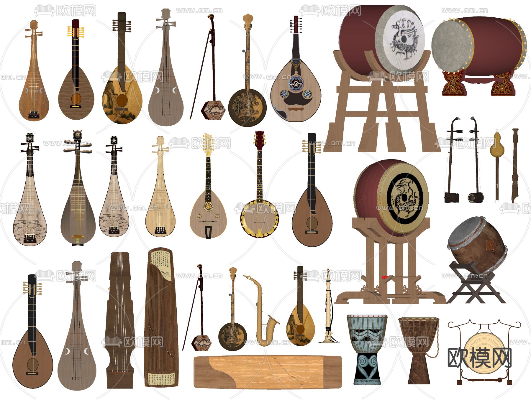 中式乐器 琵琶琴 古琴 传统乐器 大鼓 锣 古筝 古琴su模型