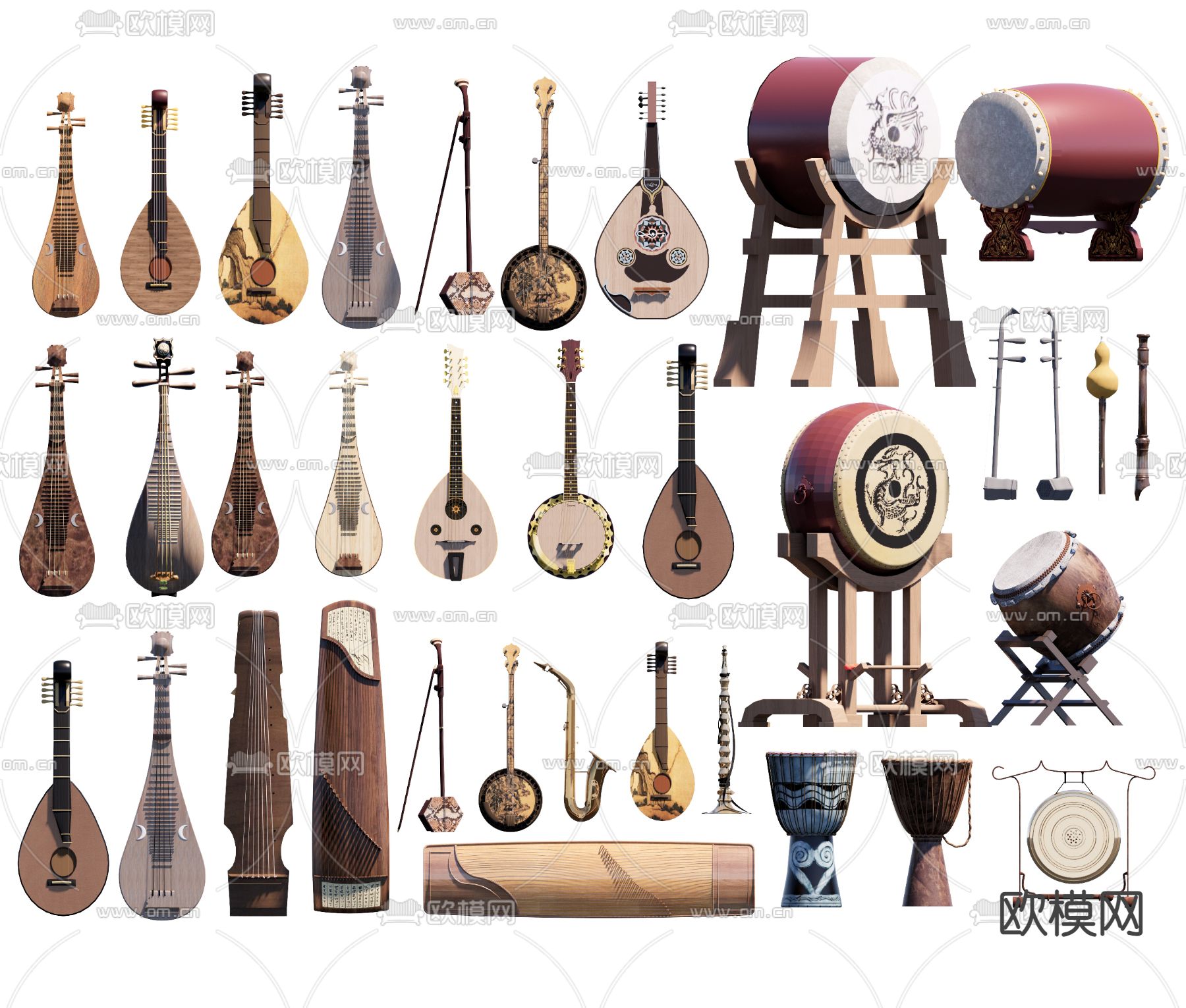 中式乐器 琵琶琴 古琴 传统乐器 大鼓 锣 古筝 古琴su模型