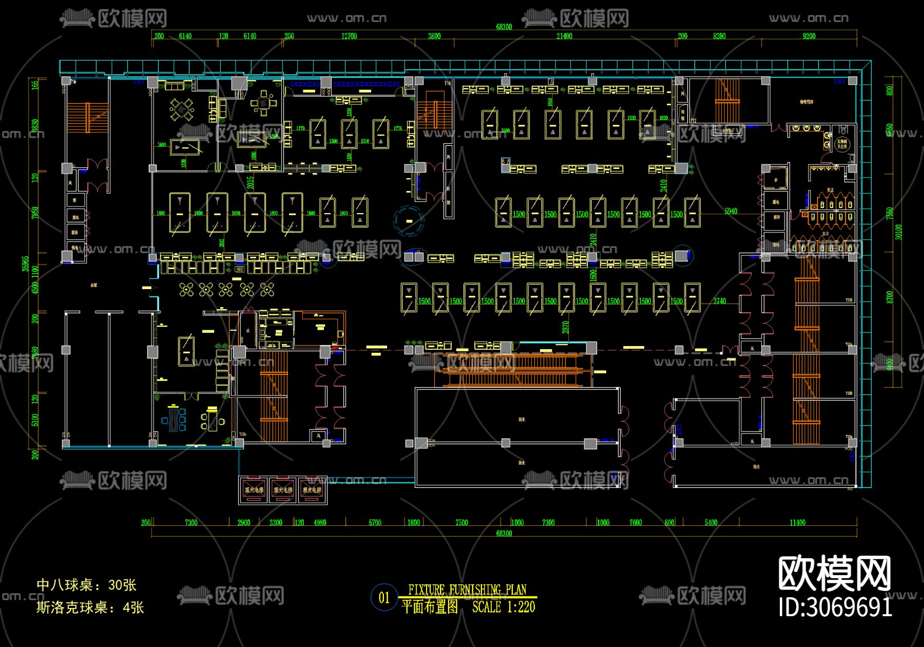 1400㎡台球馆cad平面图下载（渲染图1）