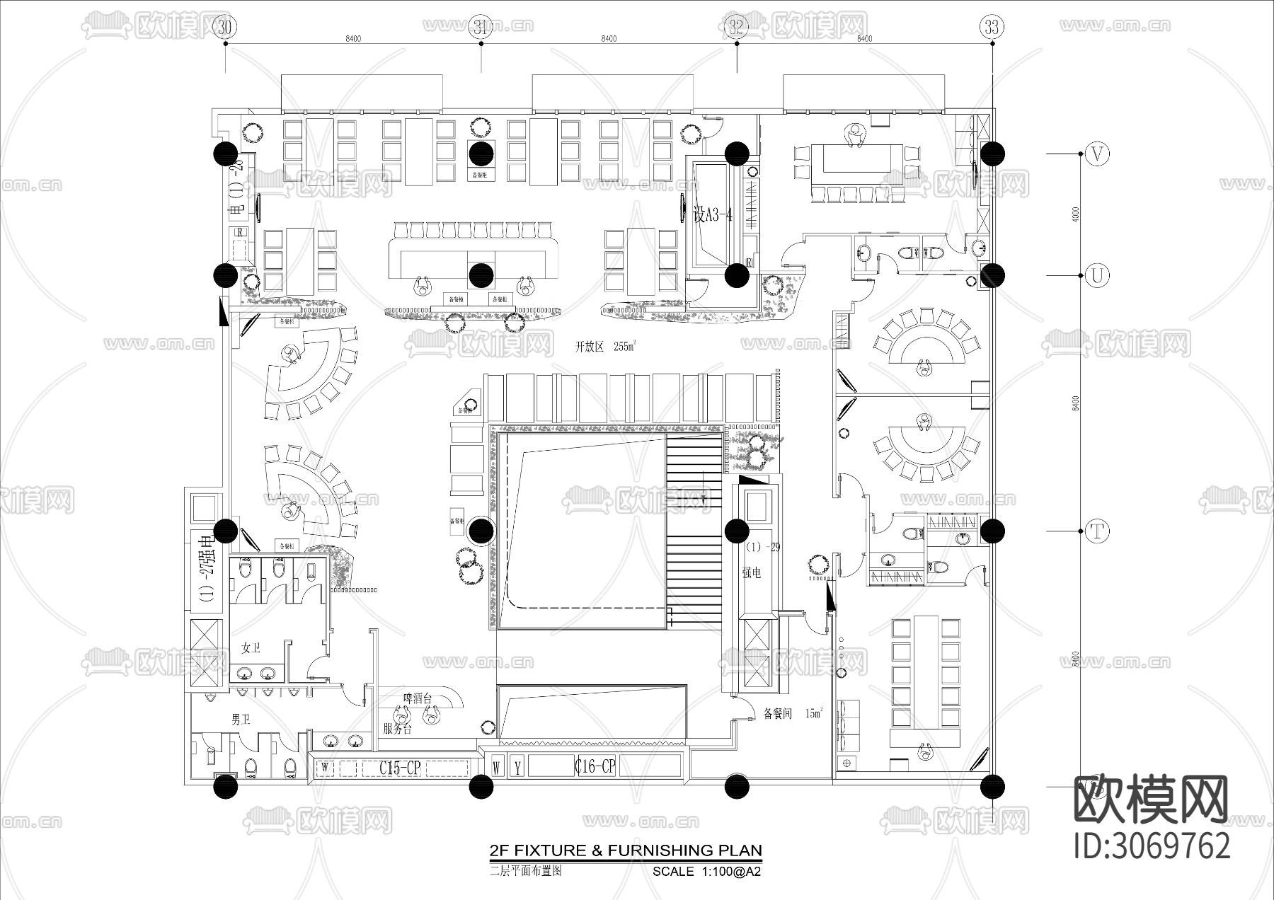 1000㎡两层铁板烧日料餐厅cad平面图下载（渲染图2）