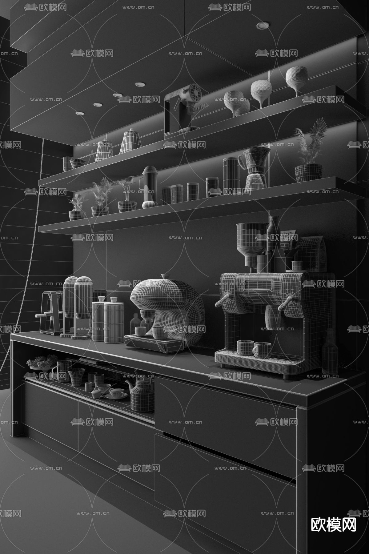 咖啡操作台 咖啡柜3d模型下载（渲染图2）