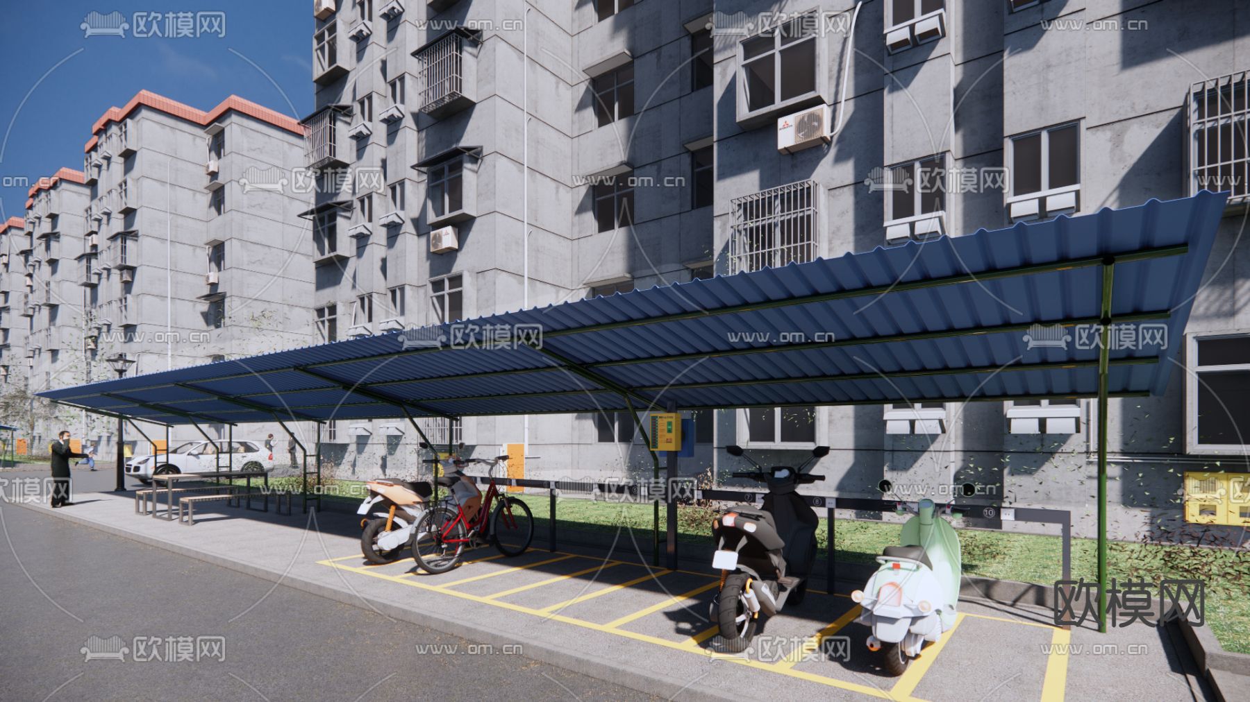 小区非机动车停车棚su模型下载（渲染图4）