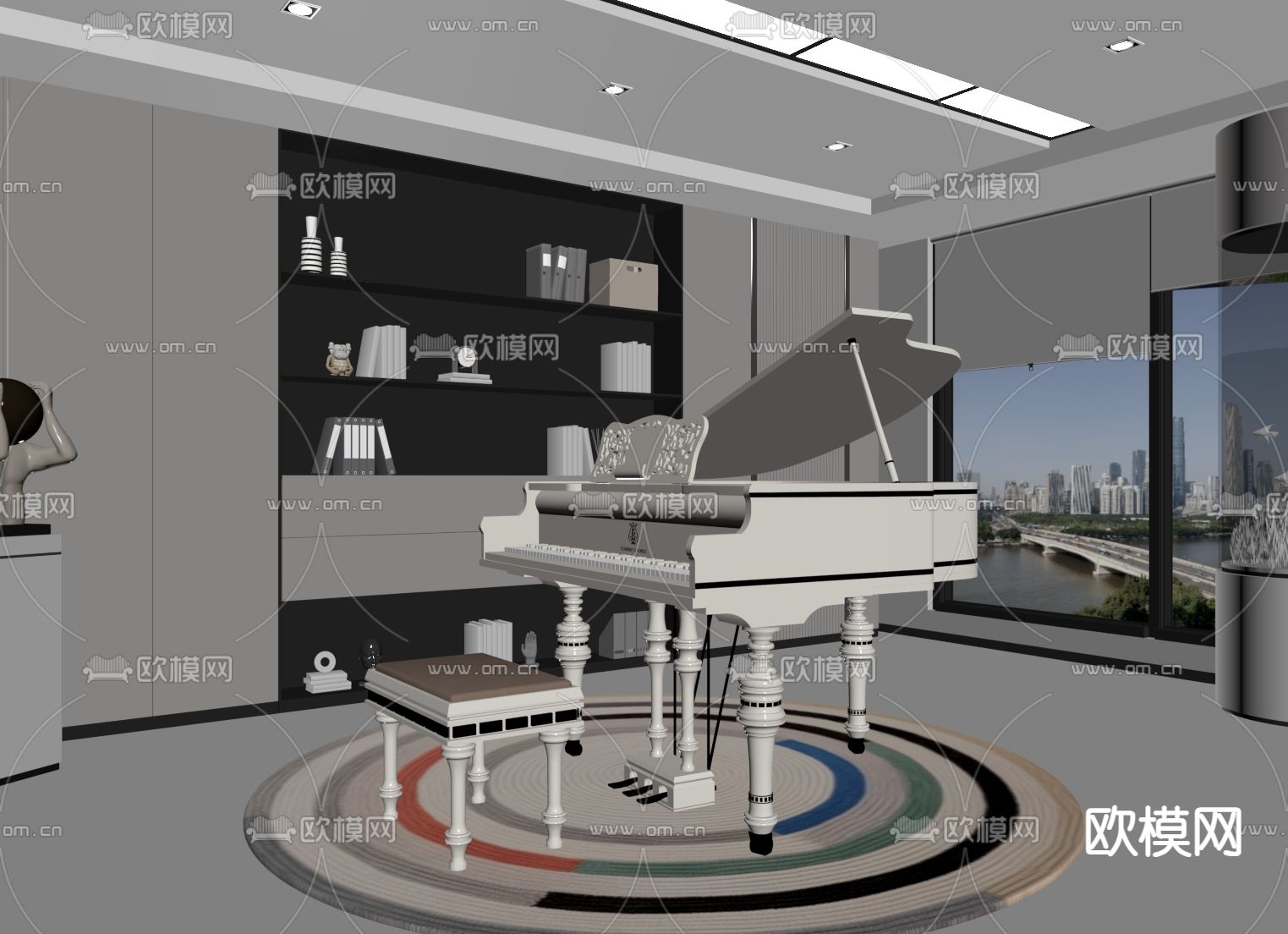 白色钢琴 斯坦威三角钢琴 琴凳su模型下载（渲染图2）