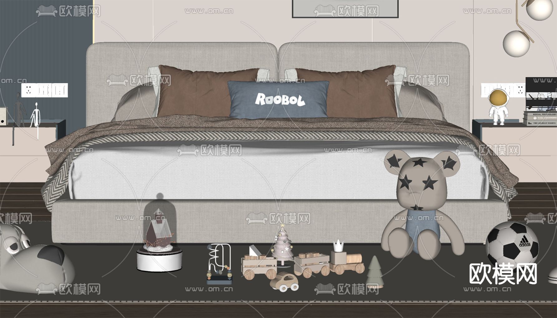 现代双人床 儿童床su模型下载（渲染图2）