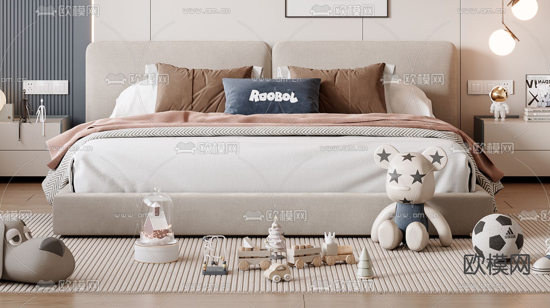 现代双人床 儿童床su模型下载（渲染图1）