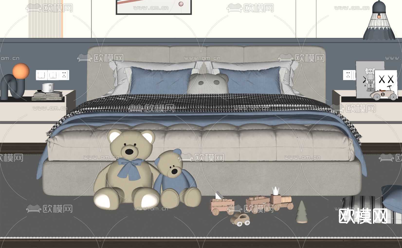 现代双人床 儿童床su模型下载（渲染图2）