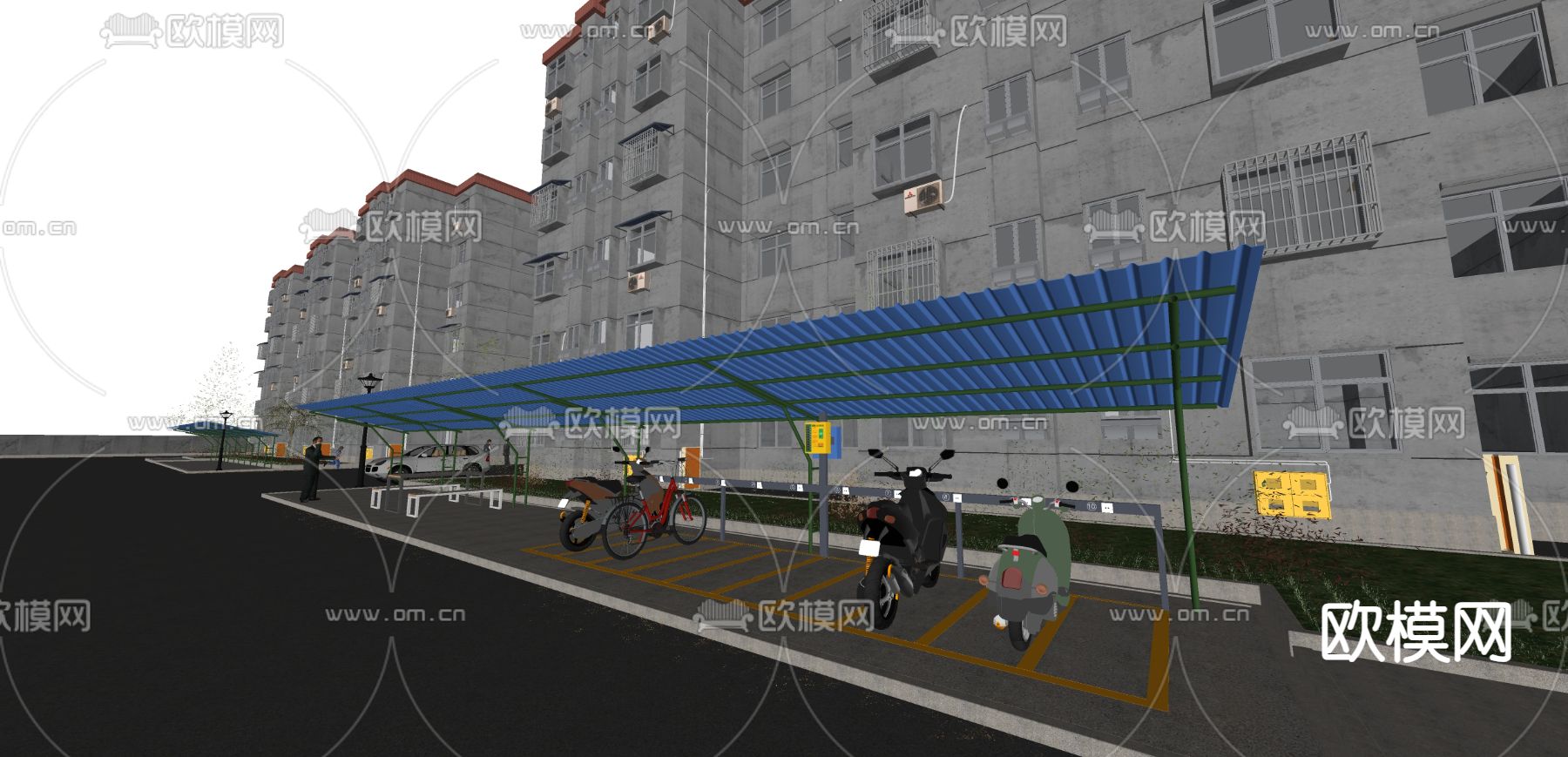 小区非机动车停车棚su模型下载（渲染图3）
