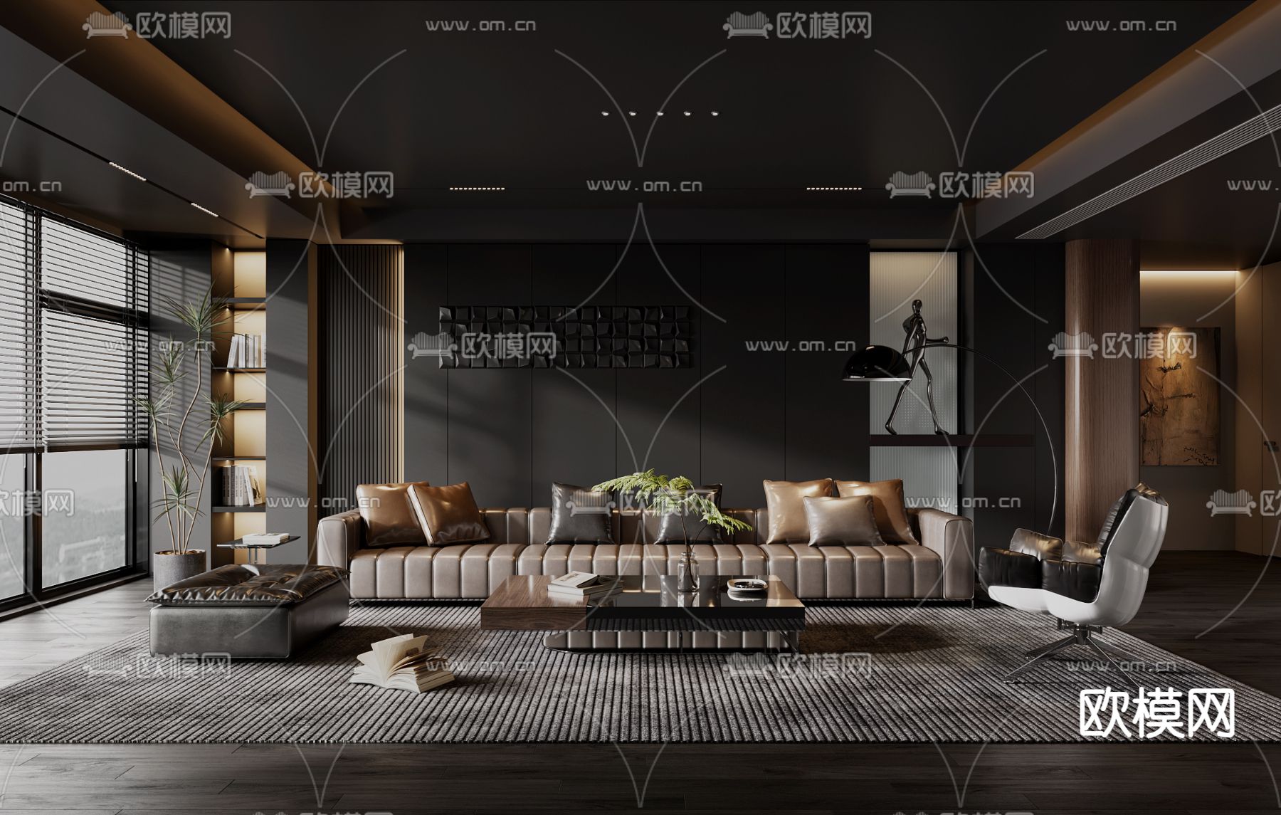 暗黑风客厅su模型下载（渲染图2）