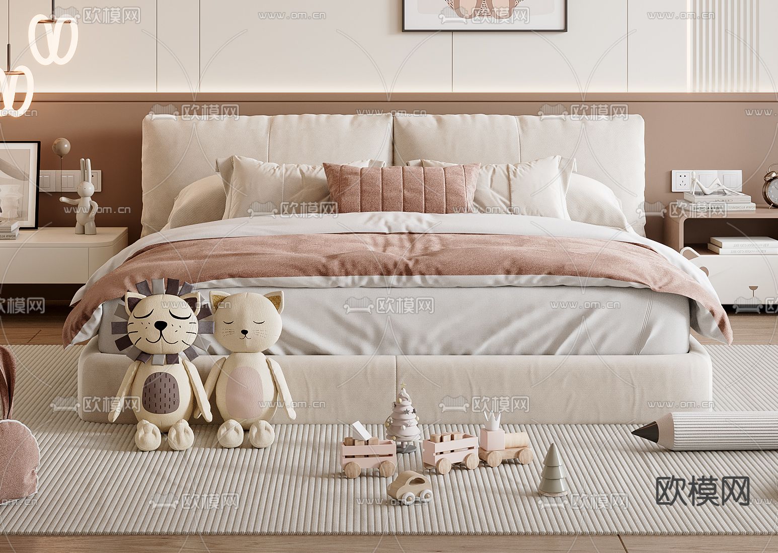 现代双人床 儿童床su模型下载（渲染图1）