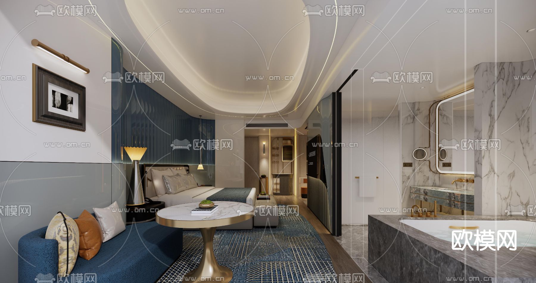现代酒店客房 大床房su模型下载（渲染图1）