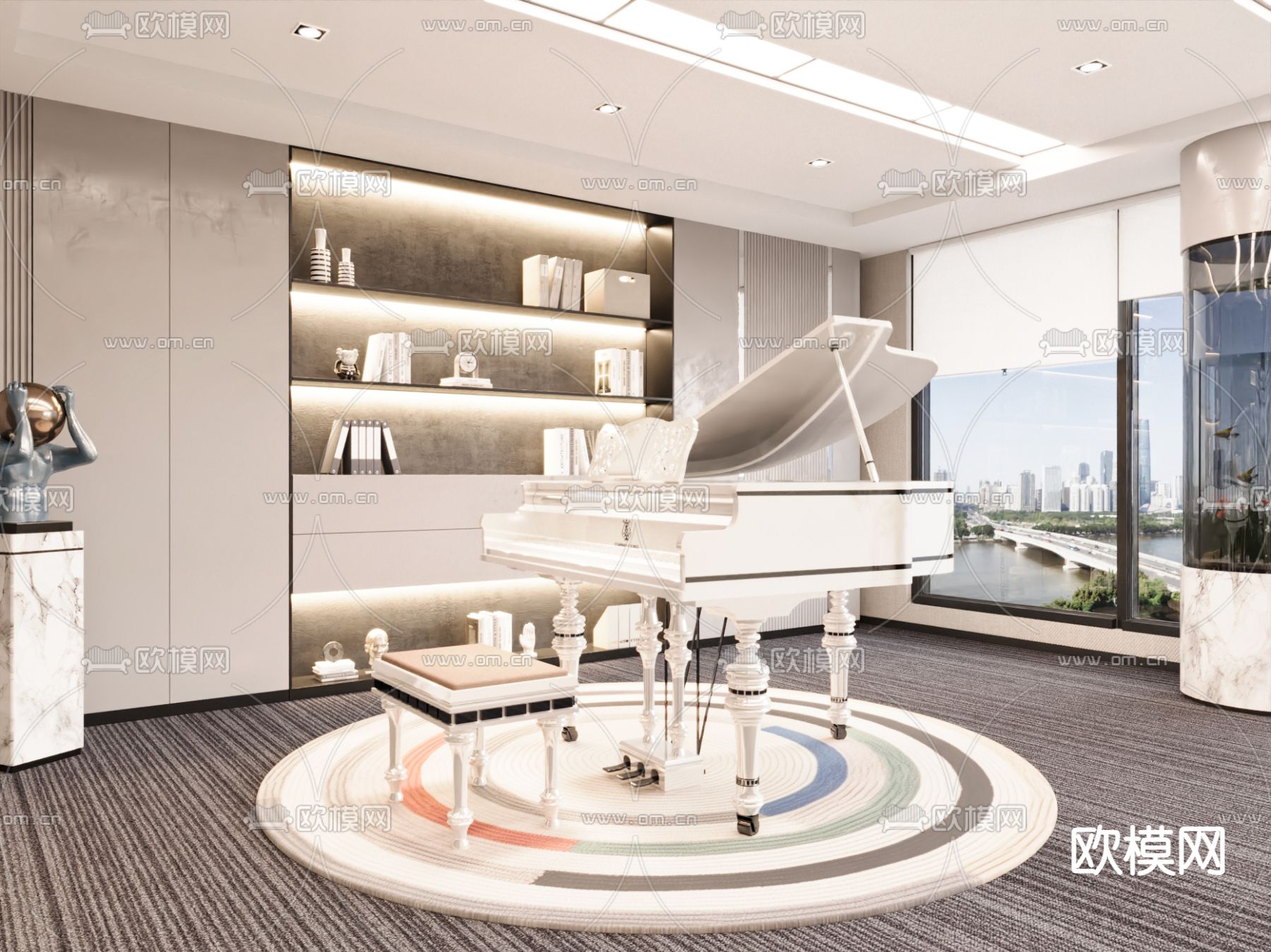 白色钢琴 斯坦威三角钢琴 琴凳su模型下载（渲染图1）