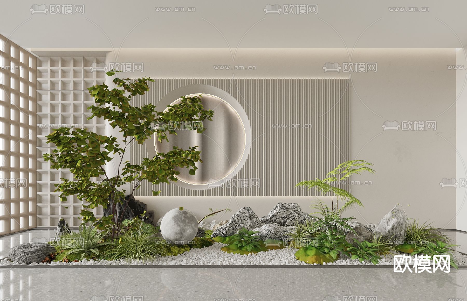 园林造景 景观小品 植物堆 枯山水su模型下载（渲染图1）