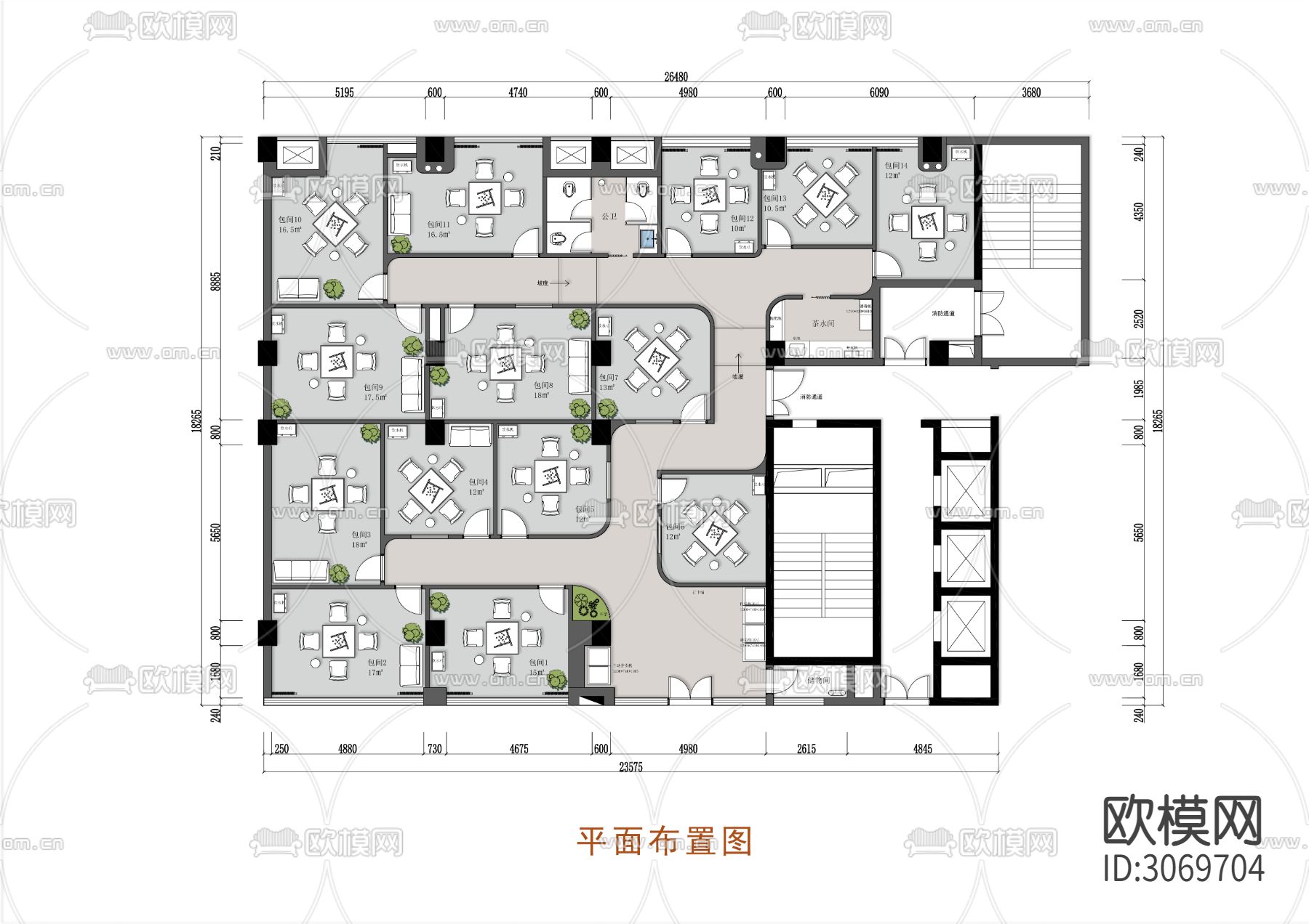 300㎡共享棋牌室cad平面图下载（渲染图1）