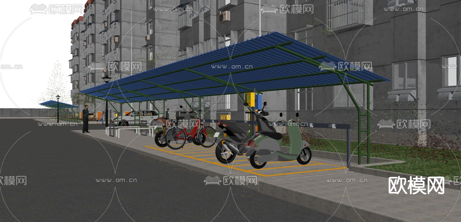 小区非机动车停车棚su模型下载（渲染图2）