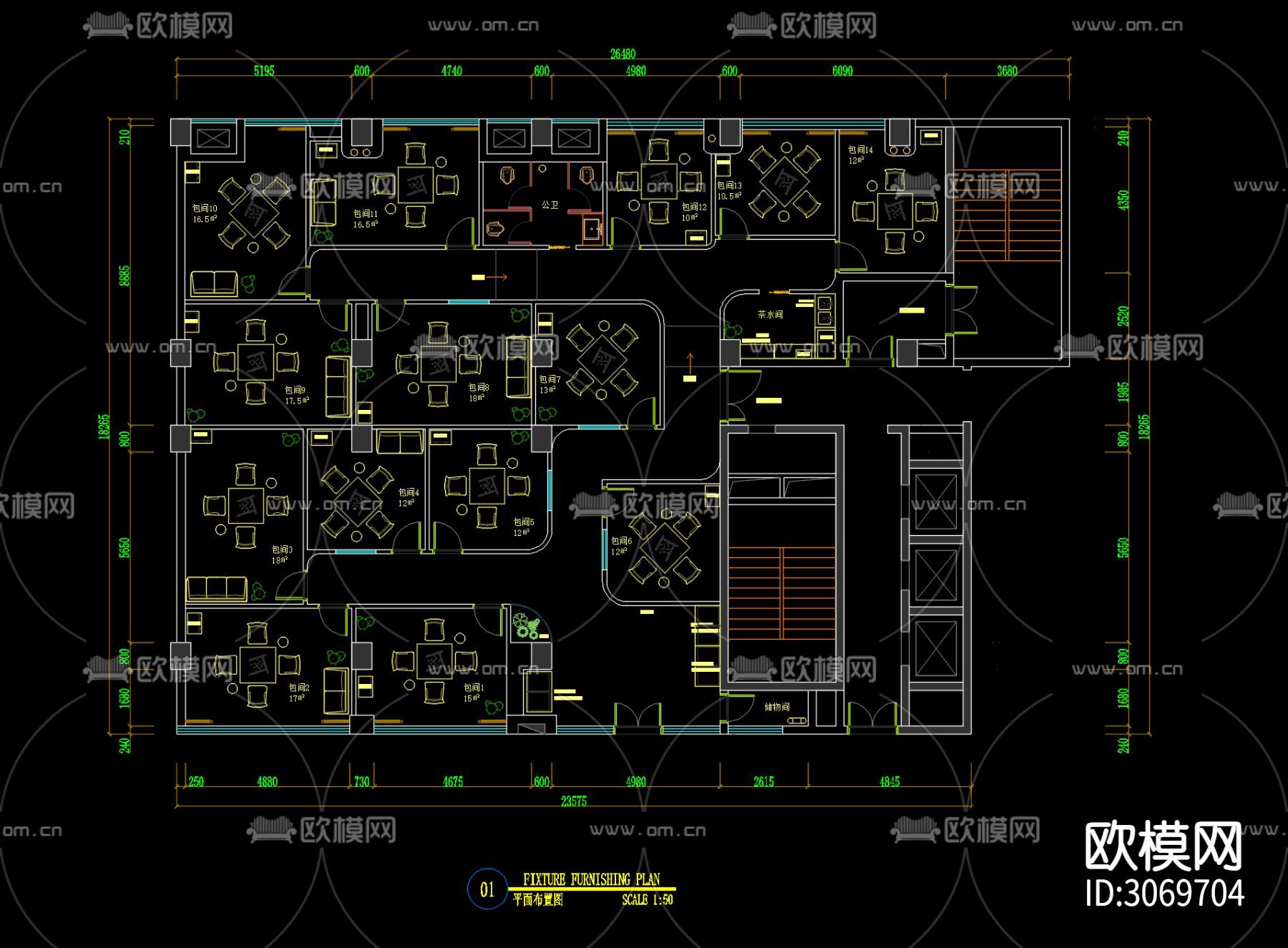 300㎡共享棋牌室cad平面图下载（渲染图2）