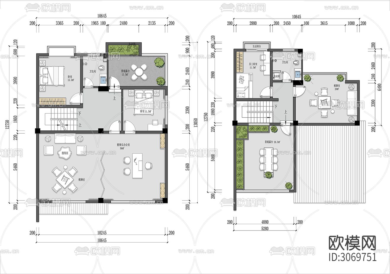 580㎡办公会所cad平面图下载（渲染图2）