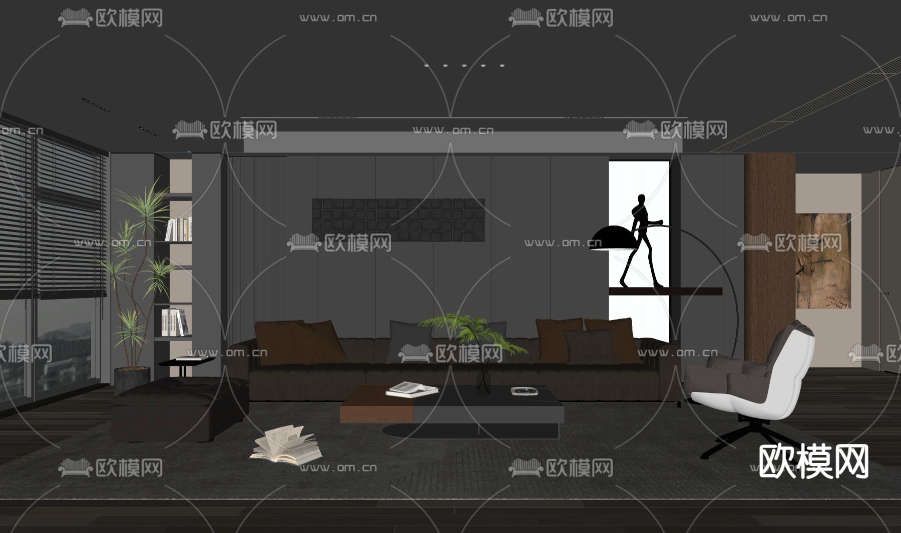 暗黑风客厅su模型下载（渲染图1）
