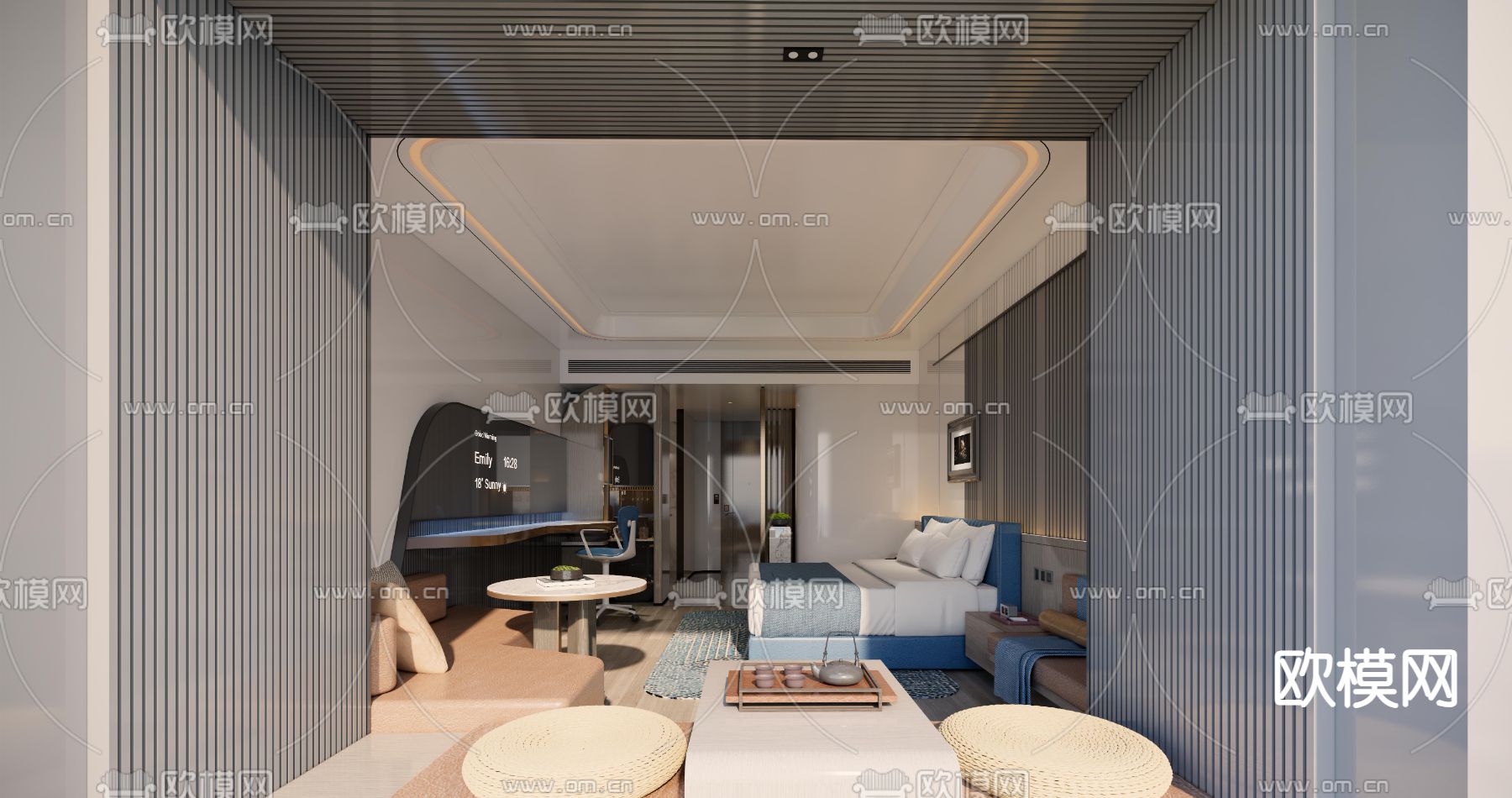 现代酒店客房 大床房su模型下载（渲染图2）