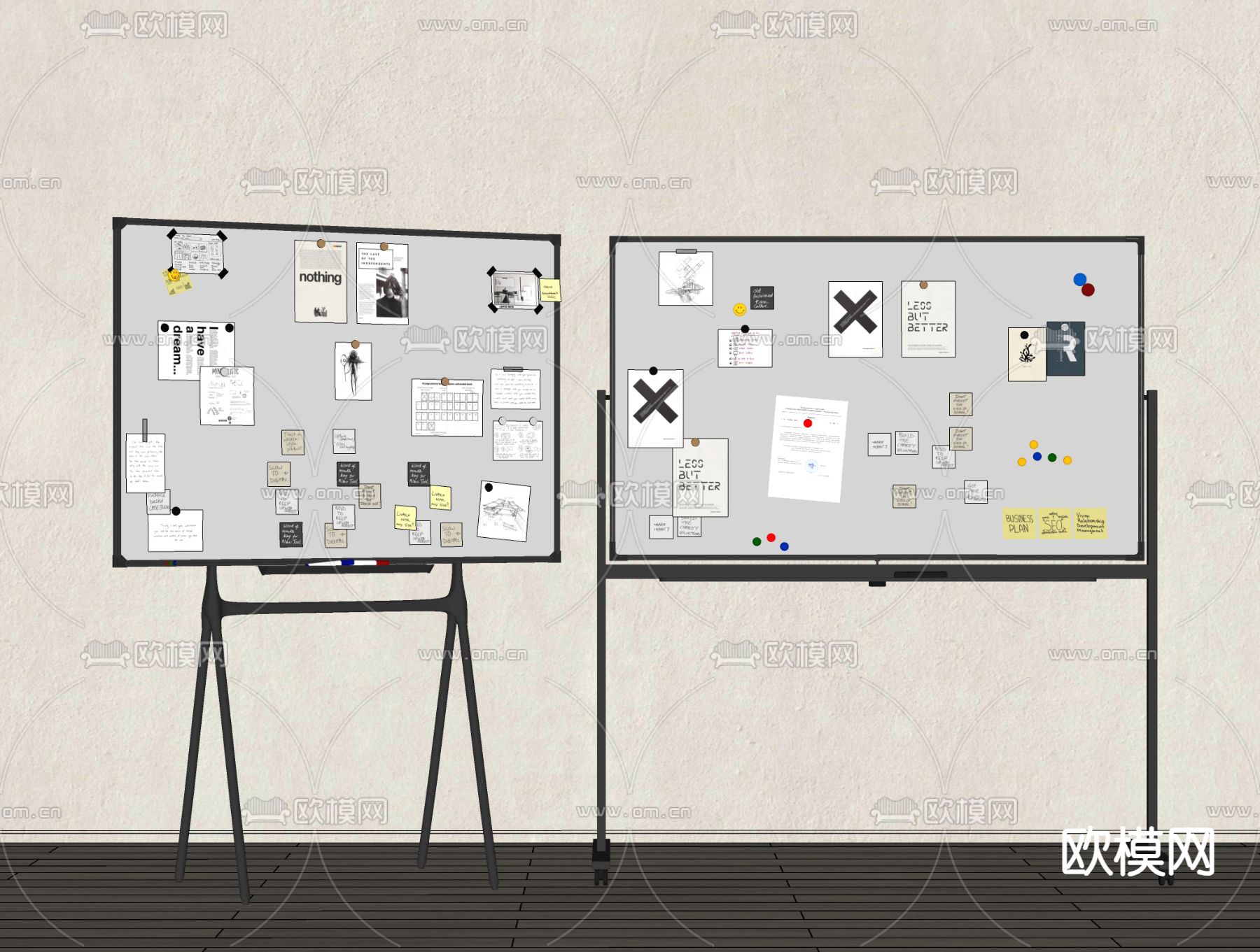 现代办公白板 便贴纸 移动看板su模型下载（渲染图1）