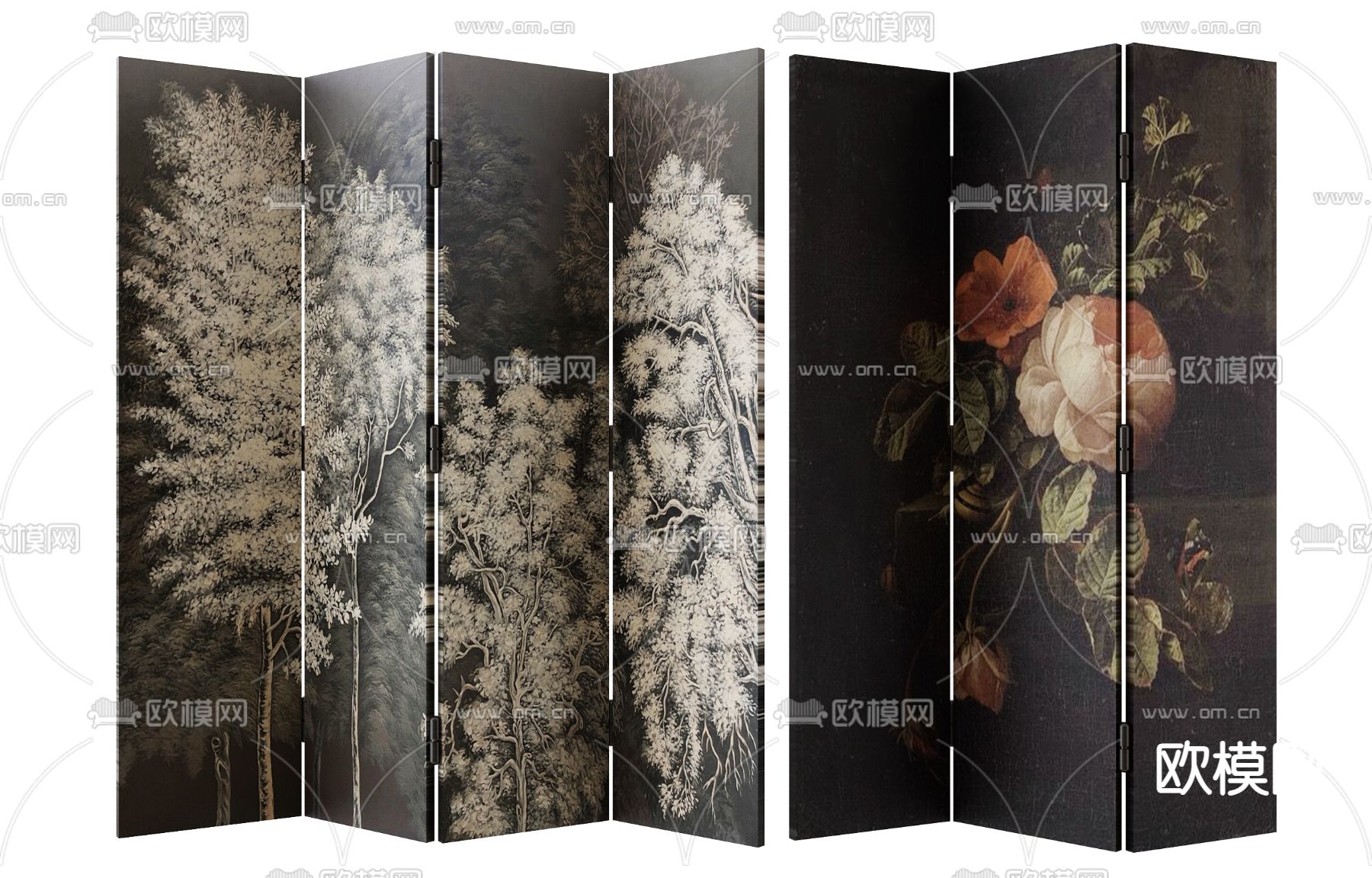 中古风屏风 字画隔断3d模型下载