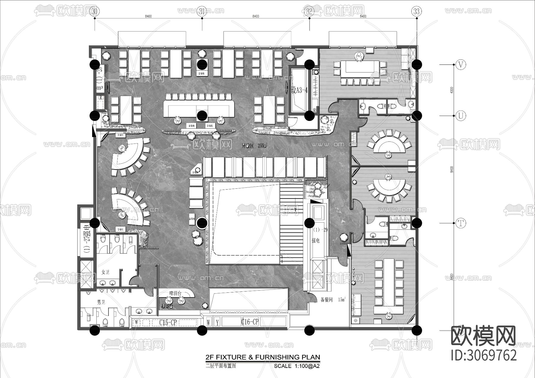 1000㎡两层铁板烧日料餐厅cad平面图下载（渲染图4）