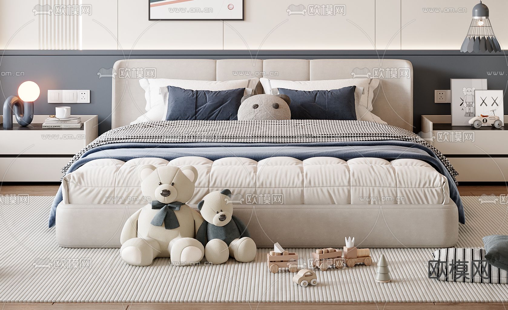 现代双人床 儿童床su模型下载（渲染图1）