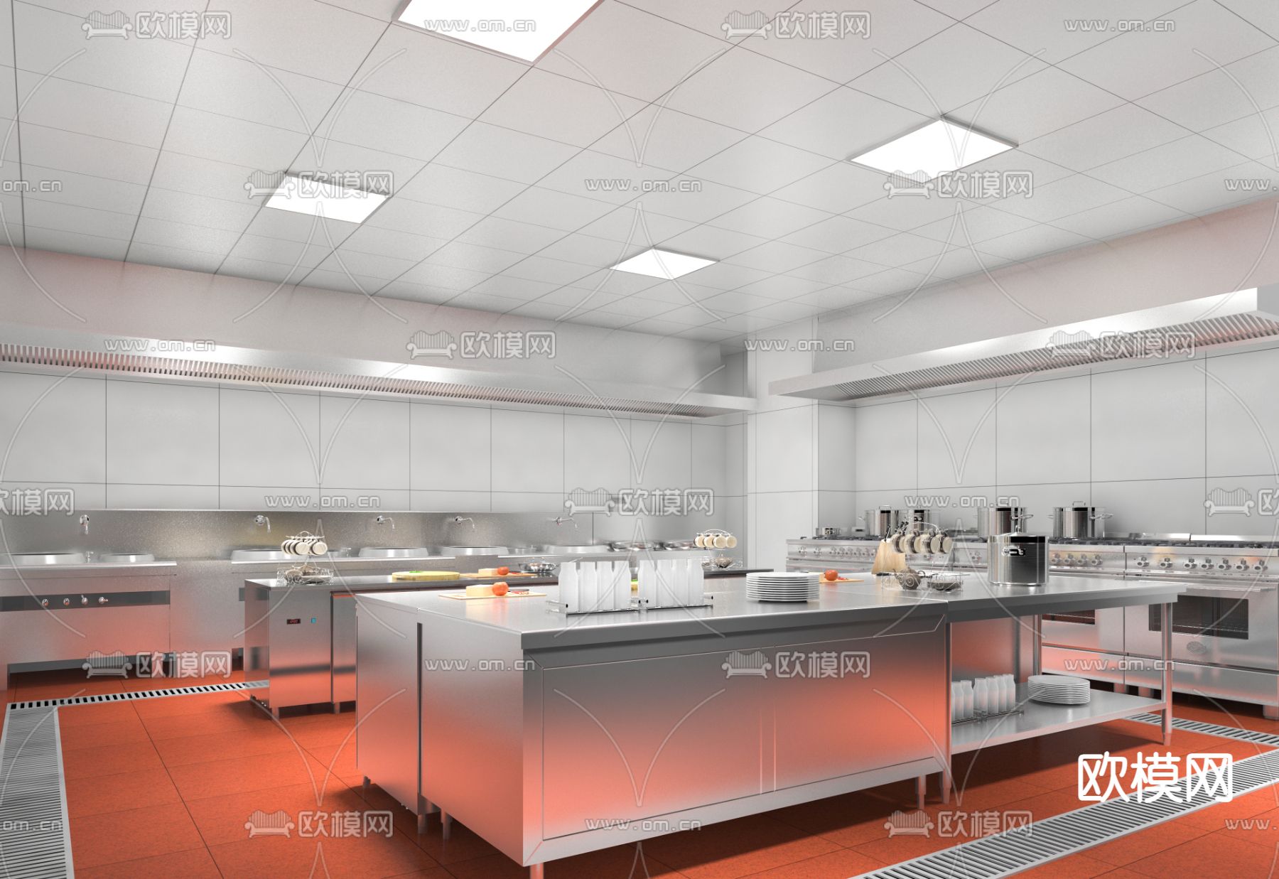 现代后厨 食堂厨房su模型下载（渲染图2）