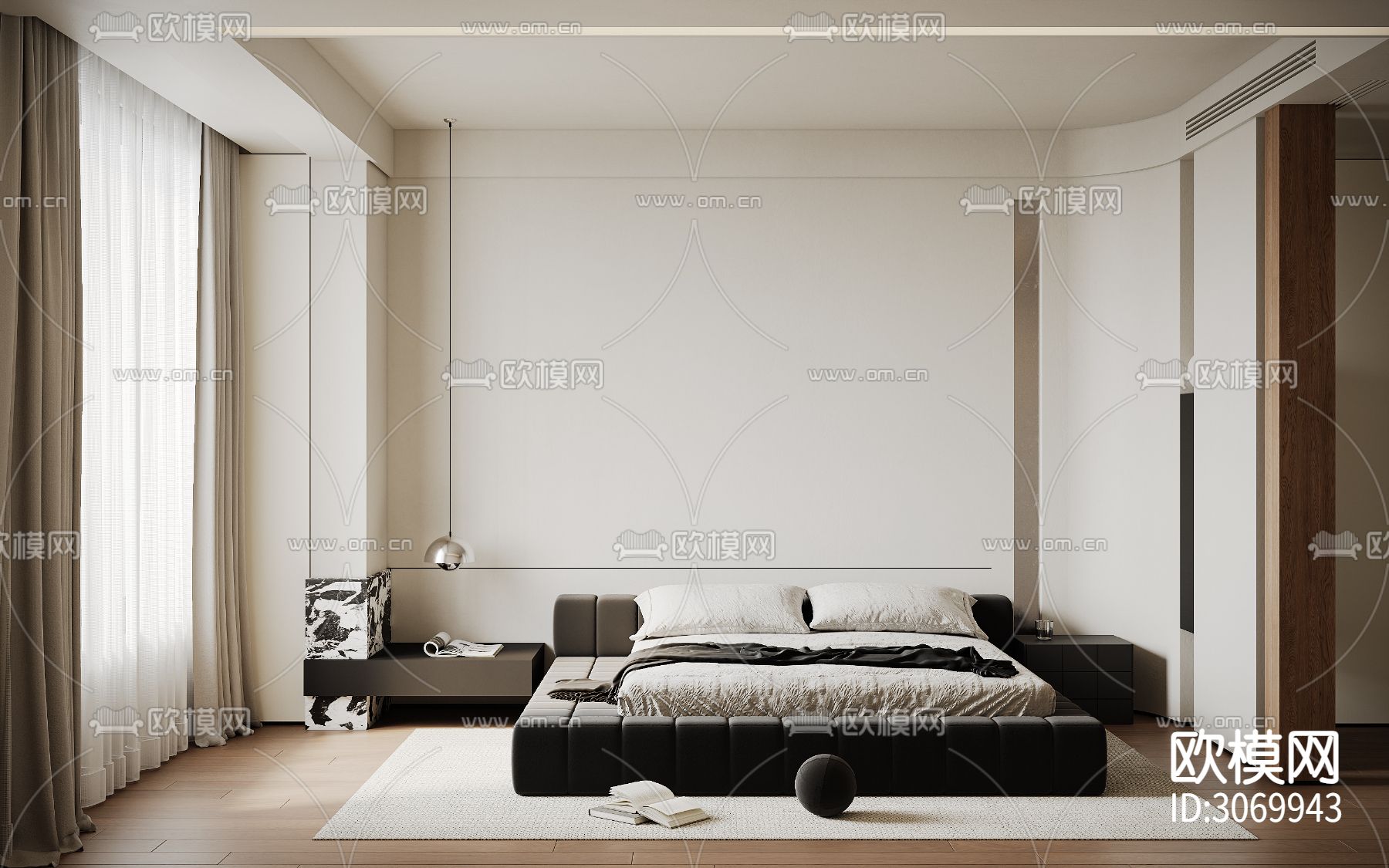 奶油风客餐厅 书房 卧室装修效果图下载（渲染图7）