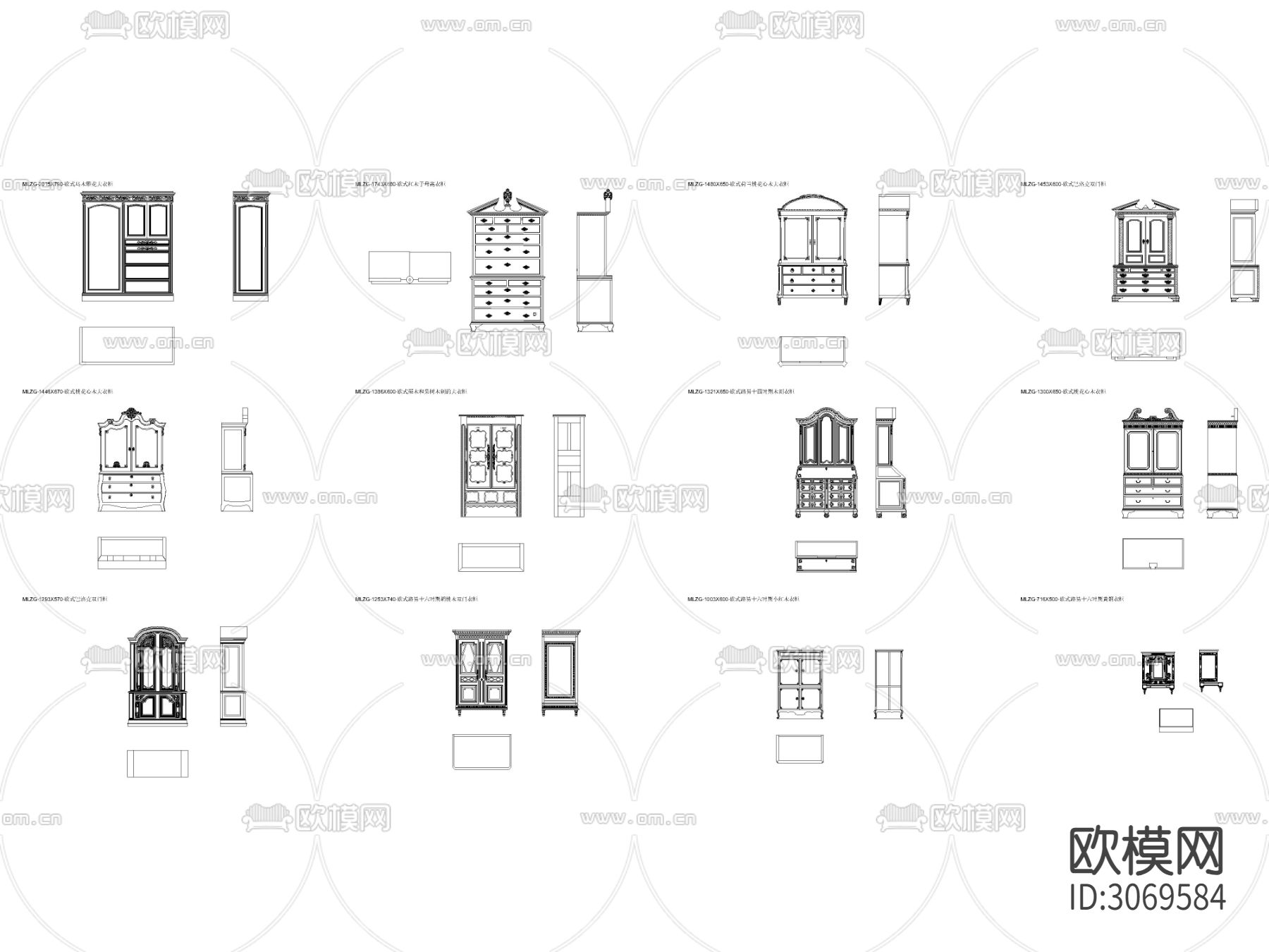 欧式衣柜木制做平面图 立面图 侧面cad图库下载